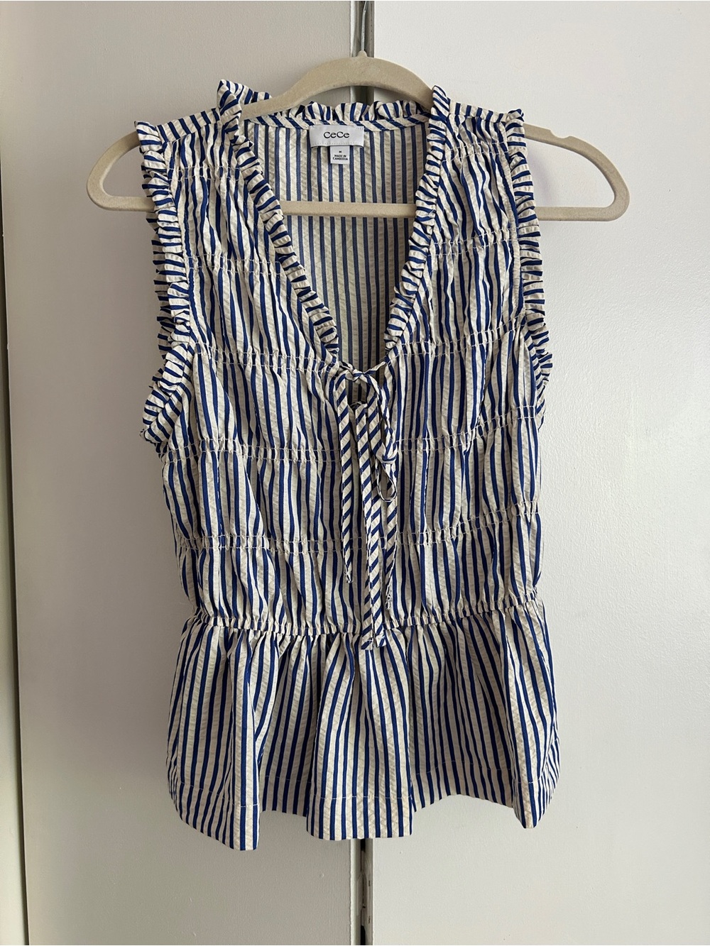 CeCe Navy and White Striped Smocked Peplum Tank